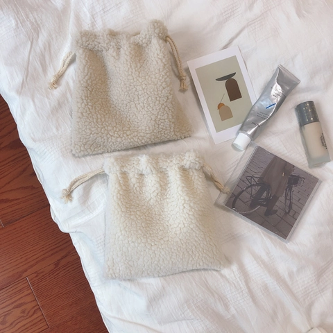 Lamb Wool Plush Drawstring Pouch Soft Fuzzy Cosmetic Storage Bag For Lipstick Makeup Menstrual Pad Minimalist Solid Color Organizer