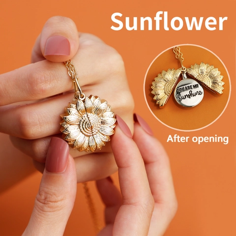 Sunflower Locket Necklace Openable Flower Pendant With Engraved You Are My Sunshine Message Copper Jewelry Gift For Women