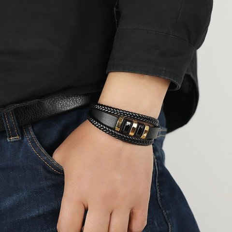 Pulsera Hombre Trenzada Multi Capa Cuero Y Acero Inoxidable Estilo Punk Accesorio Joyería