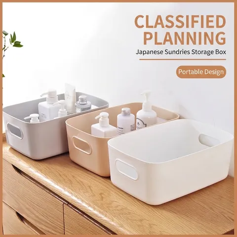 Plastic Storage Basket With Handles Rectangular Organizer Bin For Kitchen Cabinet Closet Desktop Minimalist Japanese Style