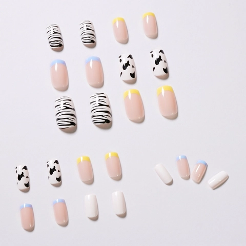 Ongles À Presser Français Motifs Mixtes Vache Zèbre Forme Carrée Pointes D'ongles Artificielles Manucure Pour Femmes
