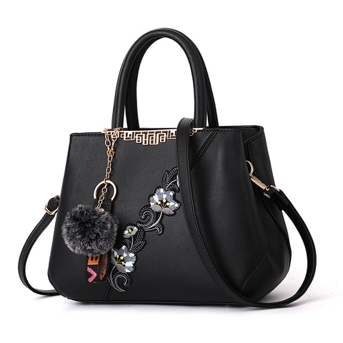 Damen Handtasche PU Leder Blumen Stickerei Schulter Umhängetasche Mit Bommel Anhänger Elegant Mode Große Kapazität