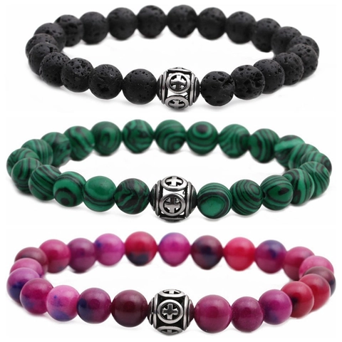 Bracciale Di Perle In Pietra Naturale Elastico Lava Vulcanica Agata Malachite Con Croce In Lega Unisex Boho