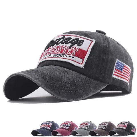 Washed Cotton Baseball Cap Distressed Frayed Edge Vintage American USA Embroidery US Flag Patch Adjustable Retro Sun Hat
