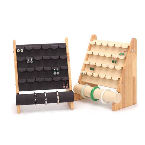 Wood Jewelry Display Stand Holder For Necklace Earring Bracelet Solid Wooden Microfiber Countertop Organizer Rack Showpiece