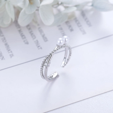 Double Layer Artificial Pearl Open Ring Brass With Zircon Twisted Adjustable Textured Elegant Minimalist Jewelry For Women