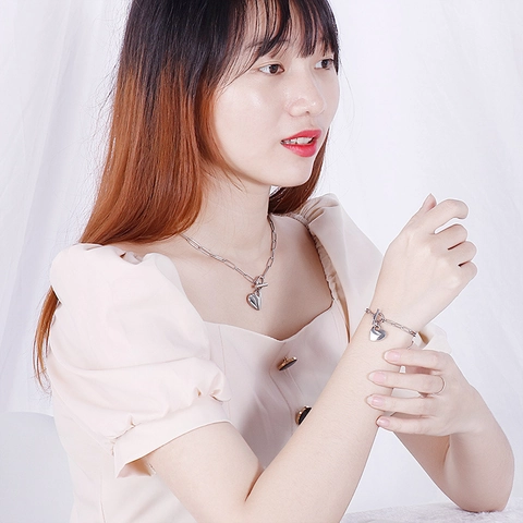 Collana E Bracciale Catena A Graffetta Pendente A Cuore Acciaio Inossidabile Chiusura A T Joyeria Minimalista Donna