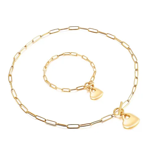 Collana E Bracciale Catena A Graffetta Pendente A Cuore Acciaio Inossidabile Chiusura A T Joyeria Minimalista Donna