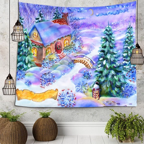 Kerst Wandtapijt Polyester Winter Sneeuwscène Houten Hut Wandkleed Voor Slaapkamer Woonkamer Slaapzaal Feestelijke Decoratie