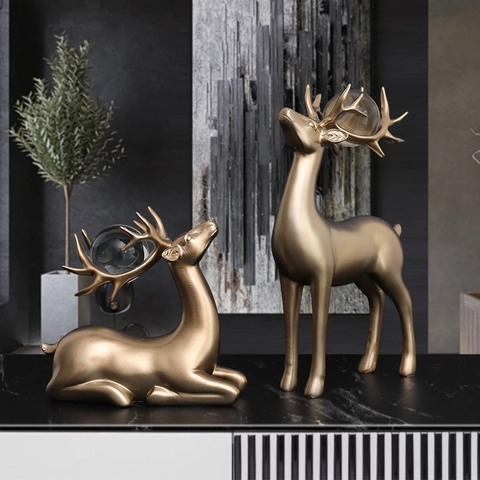 Nordic Luxury Deer Figurines With Crystal Ball Resin Marble Texture Gold Animal Statues Home Living Room Office Decor