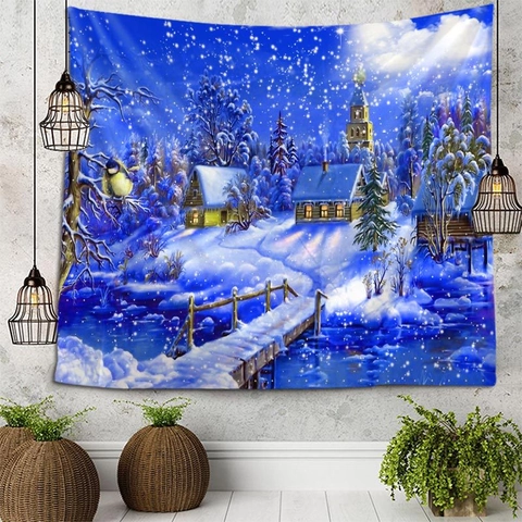 Tapiz De Pared Escena De Nieve Invernal Navidad Poliéster Cabaña En Bosque Paisaje Fondo Decorativo Para El Hogar