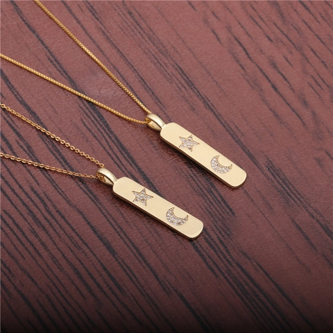 Anhänger Halskette Kupfer Goldfarben Stern Und Mond Rechteckige Bar Zirkonia Schmuck Für Frauen Trendig Elegant