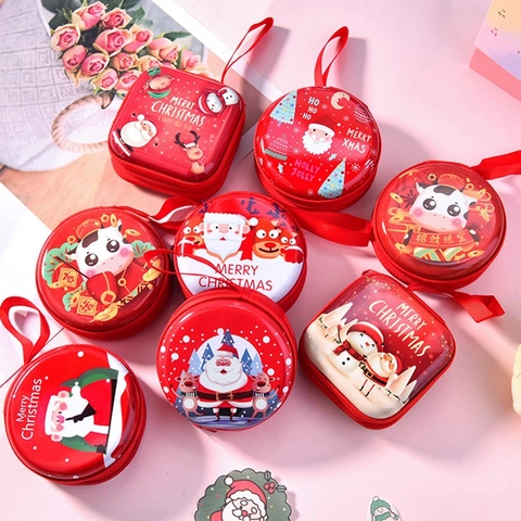 Christmas Tinplate Coin Purse Mini Earphone Case Zippered Hard Shell Round Square Cartoon Santa Gift Storage Bag