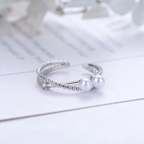 Double Layer Artificial Pearl Open Ring Brass With Zircon Twisted Adjustable Textured Elegant Minimalist Jewelry For Women