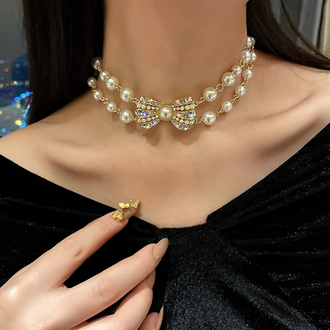 Double Layer Imitation Artificial Pearl Necklace With Rhinestone Bow Alloy Choker Elegant Fashion Jewelry For Women