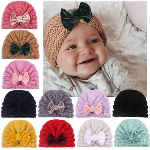 Cute Infant Baby Turban Hat With Large Velvet Bow Soft Knitting Wool Winter Warm Beanie For Toddler Newborn Girls Accessory