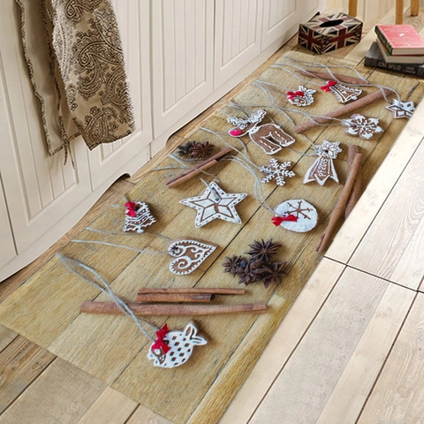 Weihnachts Türmatte Polyester Rutschfest Saugfähig Eingangsteppich Xmas Rentier Kerze Holzmuster Innen Hausdeko