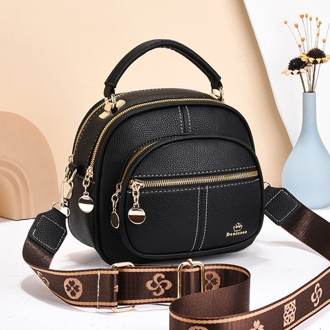 Borsa a Tracolla Tonda da Donna in Pelle PU Grande Capacità Borsa a Spalla Con Tracolla Larga Floreale Tasche Multiple