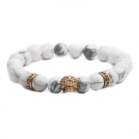 Pulsera De Cuentas De Piedra Turquesa Blanca Con Amuleto De Calavera De Aleación Elástica Joyería Estilo Gótico Rock Para Hombres Y Mujeres