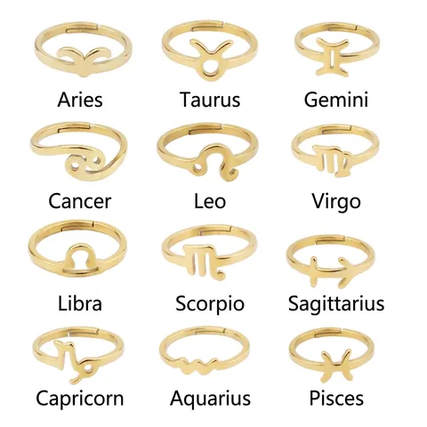 Zodiac Sign Ring 18K Gold Plated 304 Stainless Steel Minimalist Adjustable Open Band Twelve Constellations For Women Men