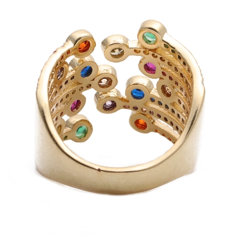 Multi Layer Zircon Open Ring Copper Gold Plated Colorful Round Gemstone Micro Inlaid Adjustable Fashion Jewelry Women
