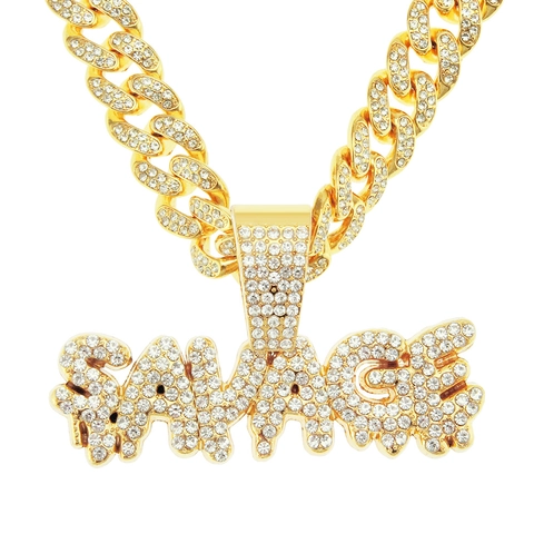 Hip Hop Men Iced Out Savage Letter Pendant Necklace Alloy Rhinestone Cuban Chain Streetwear Punk Jewelry