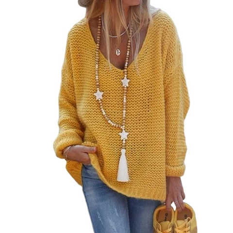 Women V Neck Knitted Sweater Long Sleeve Pullover Loose Fit Solid Color Casual Oversized Soft Knit Top