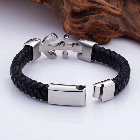 Herren Geflochtenes Lederarmband Mit 316L Edelstahl Ankerverschluss Nautischer Seemann Punk Schmuck