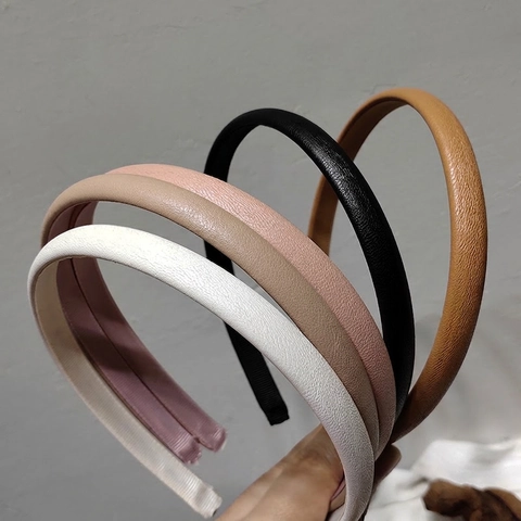 Korean Style Slim PU Leather Headband Solid Color Lychee Texture Vintage Elegant Hair Hoop For Women Daily Hair Accessory