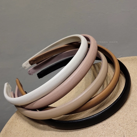 Korean Style Slim PU Leather Headband Solid Color Lychee Texture Vintage Elegant Hair Hoop For Women Daily Hair Accessory