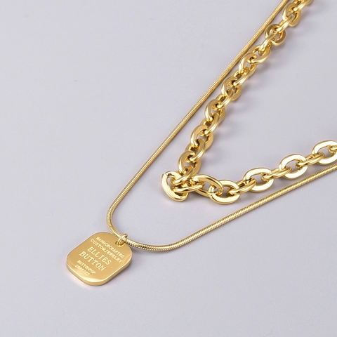 Double Layer Gold Plated Titanium Steel Necklace With Rectangular Tag Minimalist Punk Style Jewelry