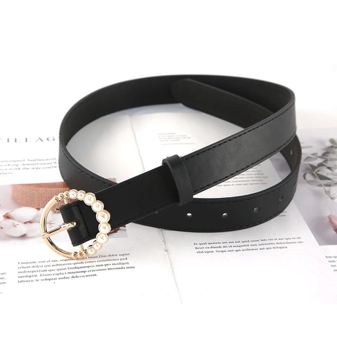 Women Faux Leather Belt Round Artificial Pearl Metal Buckle Vintage Fashion Waist Strap For Jeans Dresses