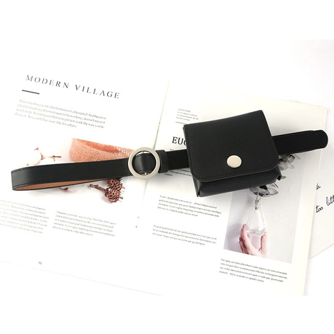 Women Belt Bag Fashion PU Leather No Hole Waist Belt With Mini Square Pouch Silver Buckle Casual Streetwear
