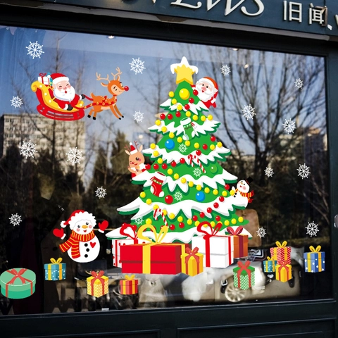 Weihnachts Fensteraufkleber PVC Statische Folie Weihnachtsmann Rentier Baum Schneeflocken Abnehmbare Festive Home Deko