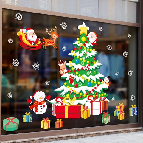 Weihnachts Fensteraufkleber PVC Statische Folie Weihnachtsmann Rentier Baum Schneeflocken Abnehmbare Festive Home Deko