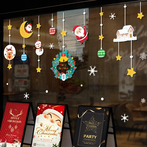 Christmas Window Stickers PVC Static Cling Santa Snowman Reindeer Snowflake Garland Glass Door Holiday Decor