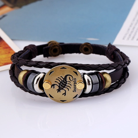 Pulsera Trenzada De Cuero Con Signos Del Zodíaco Cuentas De Aleación Y Madera Joyería Punk Ajustable Para Hombre Y Mujer