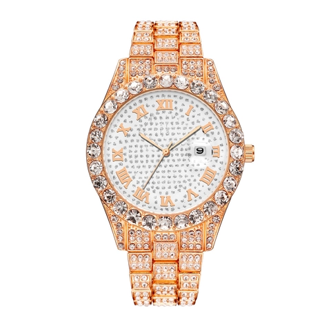Women Luxury Quartz Watch Full Rhinestone Alloy Strap Roman Numerals Date Calendar Fashion Elegant Timepiece