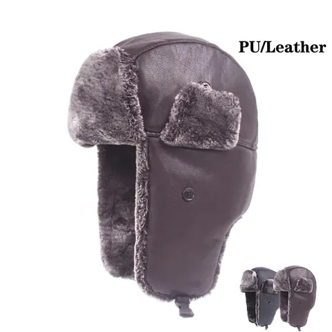 Colbacco Invernale Pelle PU Foderato In Pelliccia Sintetica Caldo Antivento Paraorecchie Outdoor Ushanka Uomo