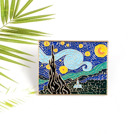 Van Gogh Starry Night Enamel Pin Art Painting Rectangular Alloy Brooch For Clothes Backpack Accessories Retro Artistic Jewelry Gift
