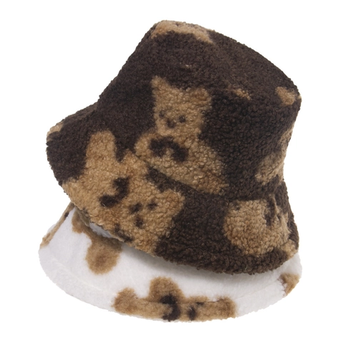 Gorro De Pescador De Lana De Cordero Lindo Estampado De Oso Invierno Cálido Cortavientos Moda Para Mujer