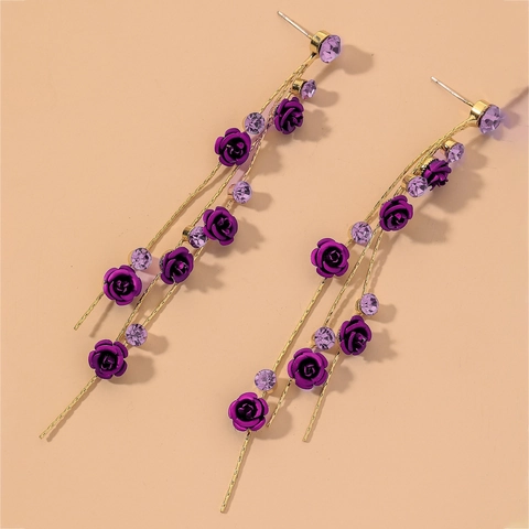 Pendientes Largos De Borla Con Flor De Rosa Púrpura Con Poste De Plata De Ley 925 Aleación Diamante De Imitación Mujer