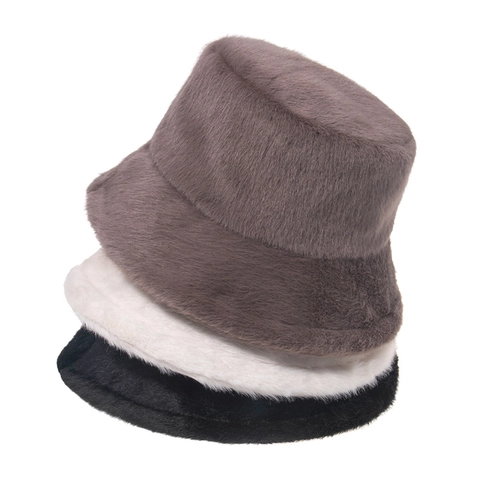 Women Winter Thickened Plush Bucket Hat Warm Mink Hair Faux Fur Basin Hat Windproof Ear Protection Soft Solid Color Hat