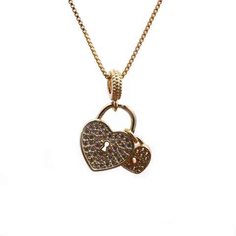 Collar Con Colgante Doble Candado De Corazón Micro Pavé Circonita Cobre Tono Dorado Joyería Para Mujer