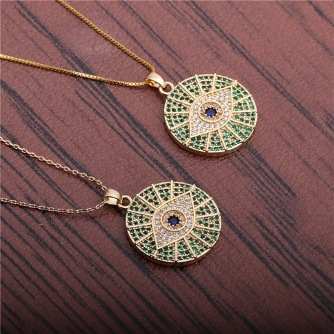 Evil Eye Anhänger Halskette Kupfer Bunte Zirkon Micro Pave Rund Glück Schmuck Geschenk Für Frauen