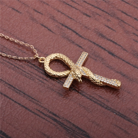 Koperen Slang Omwikkelde Ankh Kruis Hanger Ketting Met Steentjes Verguld Egyptische Stijl Vintage Sieraden