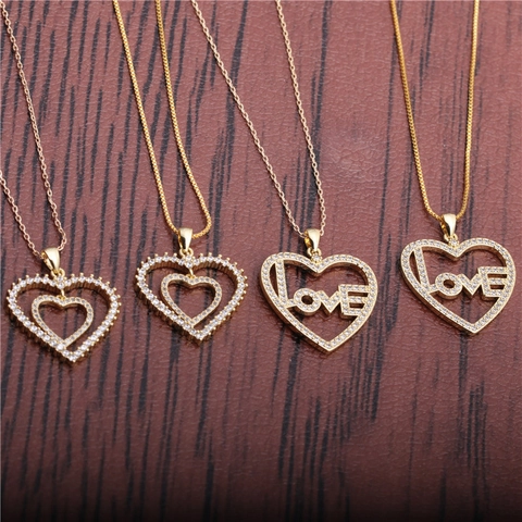 Romantic Heart Pendant Necklace Copper Rhinestone Inlaid LOVE Letter Double Layer Box Chain Jewelry Gift For Women