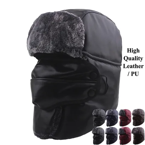 Cappello Trapper Invernale Pelle PU Foderato In Ecopelliccia Antivento Impermeabile Paraorecchie Maschera Facciale Rimovibile Termico