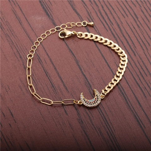 Pulsera Con Colgante De Luna Moda Cobre Circonita De Colores Cadena Cubana Empalmada Joyería Ajustable Para Mujer Hip Hop