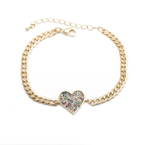 Hip Hop Heart Pendant Bracelet Colorful Zircon Inlaid Copper Gold Plated Cuban Link Chain Adjustable